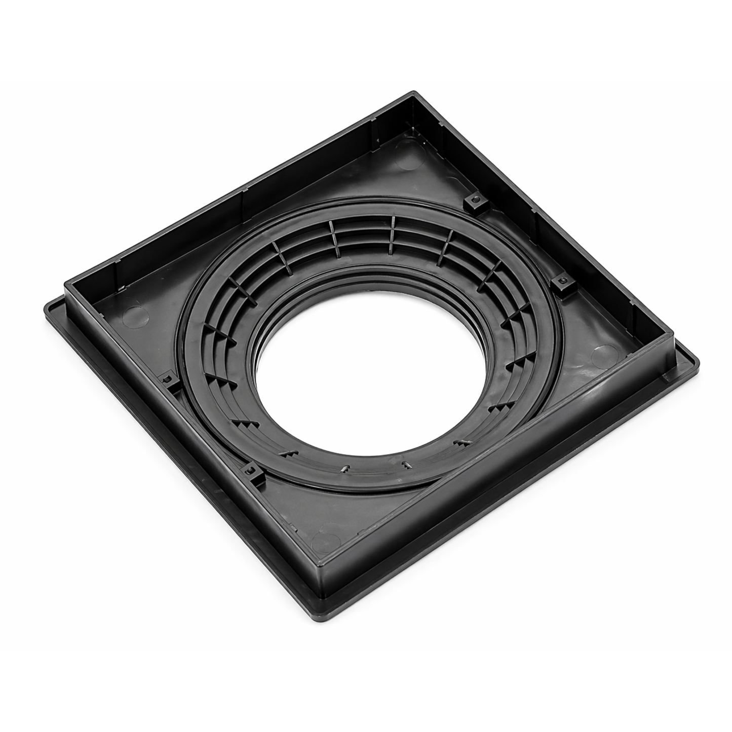black plastic square to round manhole frame on white background
